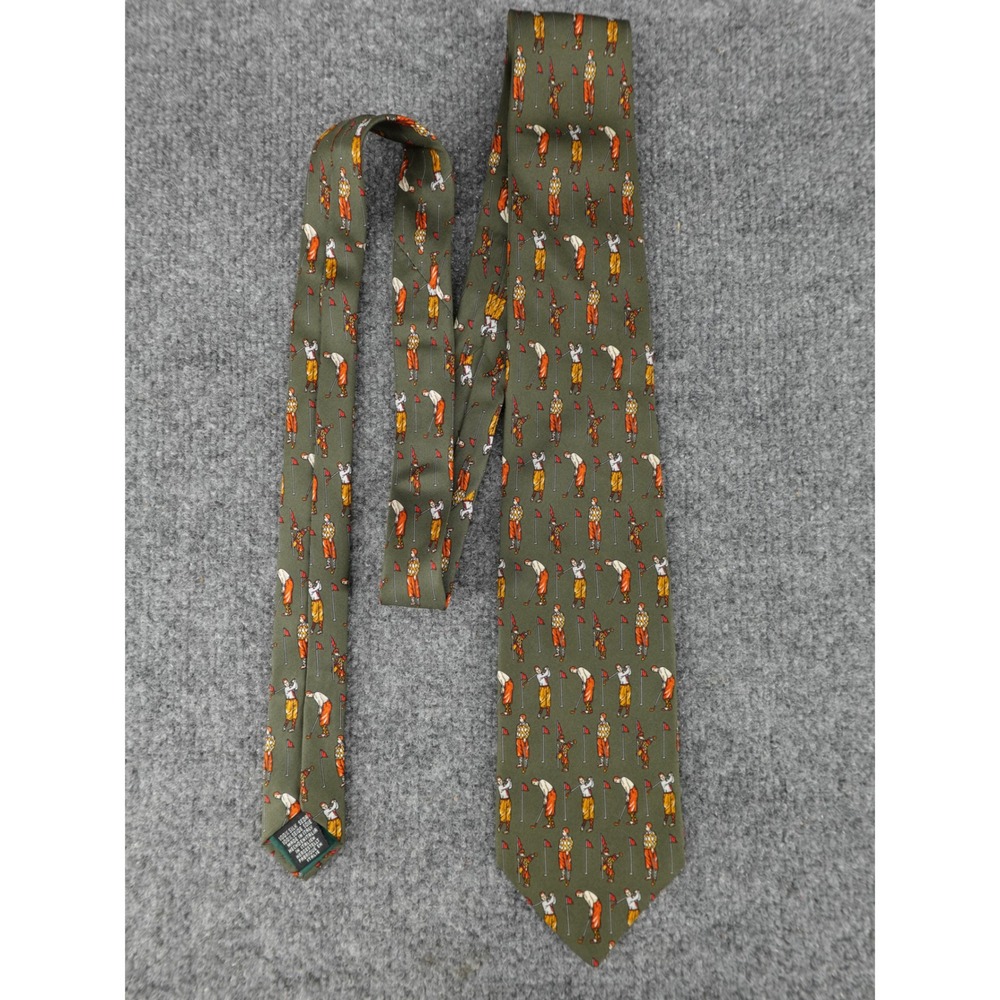 Beaufort Tie Rack Necktie Mens OS Olive Green Excellent Golf Motif Silk Italy